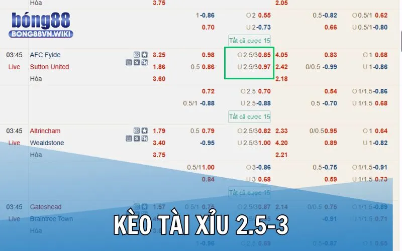 Bong88 cập nhật kiến thức thực tế về kèo tài xỉu 2.5-3 trong bóng đá Giới thiệu kèo O/U 2.5-3